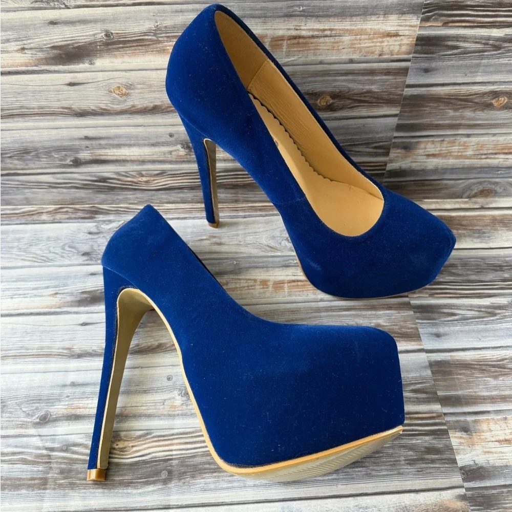 OCHENTA Women's Platform Slip On High Heels Dress Pumps Blue Velvet stilettos